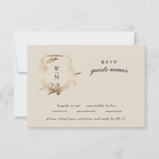 Formele Crème & Zwart Monogram Gouden Krans Bruilo RSVP Kaartje (Voorkant)