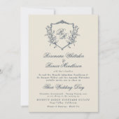 Formele  Crest Cream & Navy Monogram Huwelijk Kaart (Voorkant)
