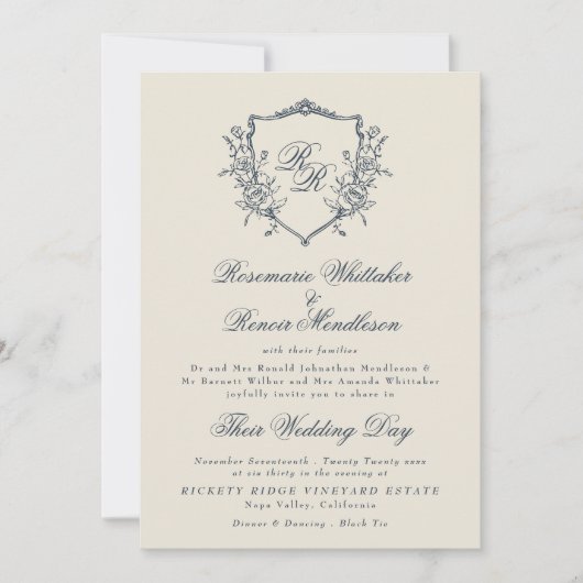 Formele  Crest Cream & Navy Monogram Huwelijk Kaart (Voorkant)