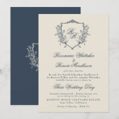 Formele  Crest Cream & Navy Monogram Huwelijk Kaart (Voorkant / Achterkant)
