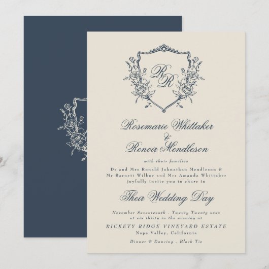 Formele  Crest Cream & Navy Monogram Huwelijk Kaart (Voorkant / Achterkant)