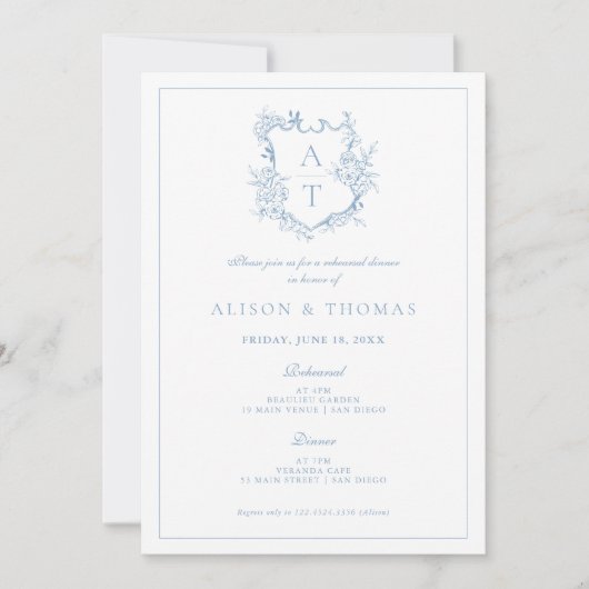 Formele Crest Dusty Blue repetitie diner Kaart (Voorkant)