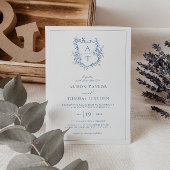 Formele Crest Levendige Blauwe Monogram Huwelijk Kaart