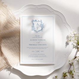 Formele Crest Levendige Blauwe Monogram Huwelijk Kaart