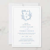 Formele Crest Levendige Blauwe Monogram Huwelijk Kaart (Voorkant)