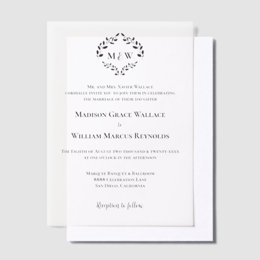 Formele Crest Monogram Laurel Krans Custom bruilof Vellum Uitnodigingen (Offset)