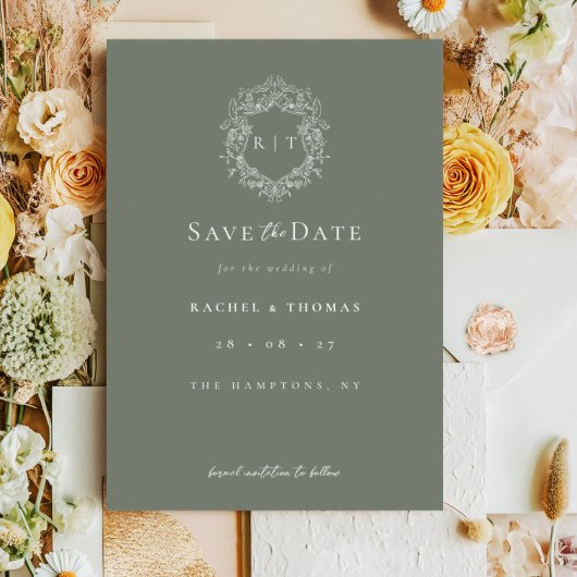 Formele Crest Monogram Sage Trouwdag Save The Date