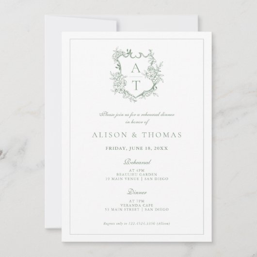 Formele Crest Sage Groene repetitie Diner Kaart (Voorkant)