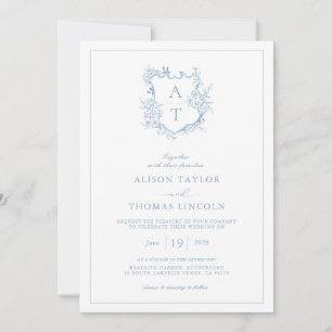Formele Crest Stofblauwe Monogram Huwelijk Kaart