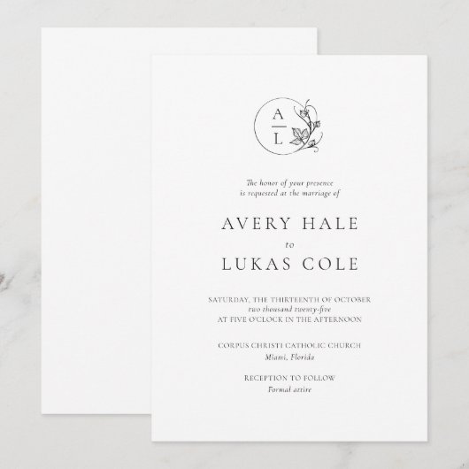 Formele Crest Wit Zwart Elegant Huwelijk Kaart (Voorkant / Achterkant)