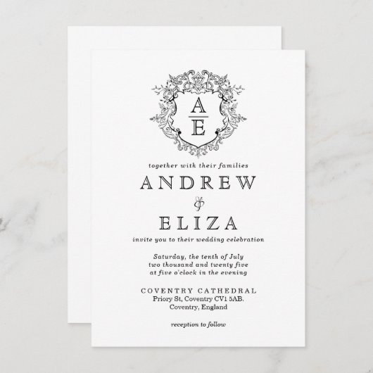 Formele Crest Zwart-wit Monogram Bruiloft Kaart (Voorkant / Achterkant)