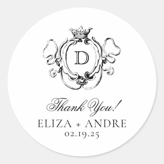 Formele Crest Zwart-wit Monogram Bruiloft Ronde Sticker (Voorkant)