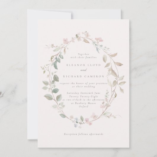 Formele Delicate Roze Bloemenkrans Bruiloft Kaart (Voorkant)