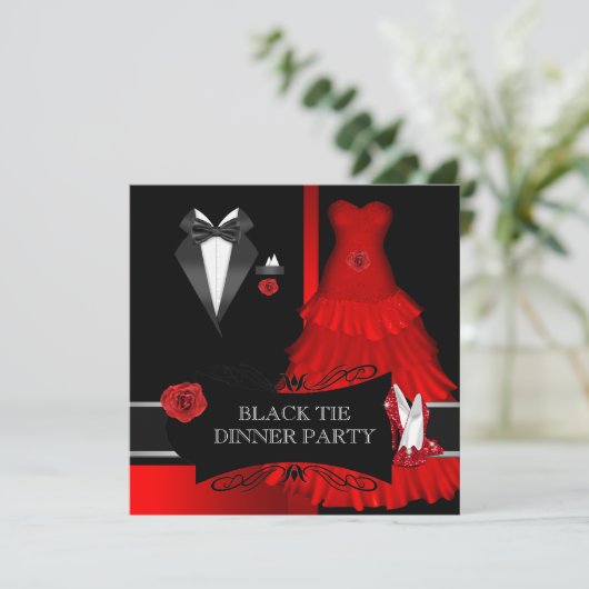 Formele Dinner Party Black Stropdas Red Shoe Kaart (Staand voorkant)