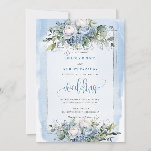 Formele Dusty Blauw Wit Zilveren Bloemen Wedding Kaart (Voorkant)