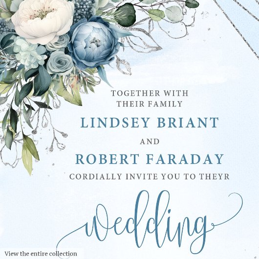 Formele Dusty Blauw Wit Zilveren Bloemen Wedding Kaart