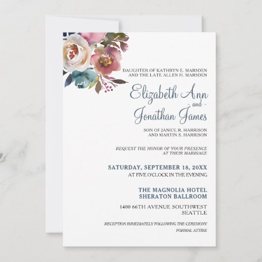 Formele Dusty Blue Champagne Wijn Bloemige Bruilof Kaart (Voorkant)