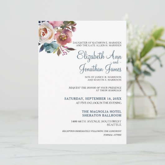 Formele Dusty Blue Champagne Wijn Bloemige Bruilof Kaart (Staand voorkant)