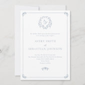 Formele Dusty Blue Crest Monogram Huwelijk Kaart (Voorkant)