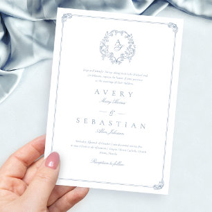 Formele Dusty Blue Crest Monogram Huwelijk Kaart