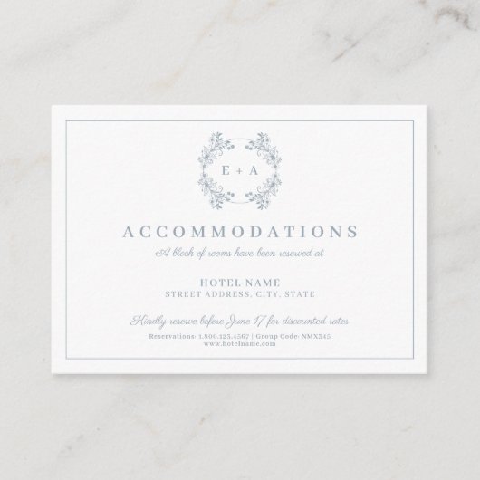 Formele  Dusty Blue Monogram bruiloft Informatiekaartje (Voorkant)