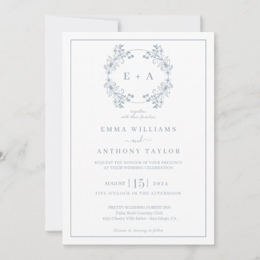 Formele  Dusty Blue Monogram bruiloft Kaart (Voorkant)