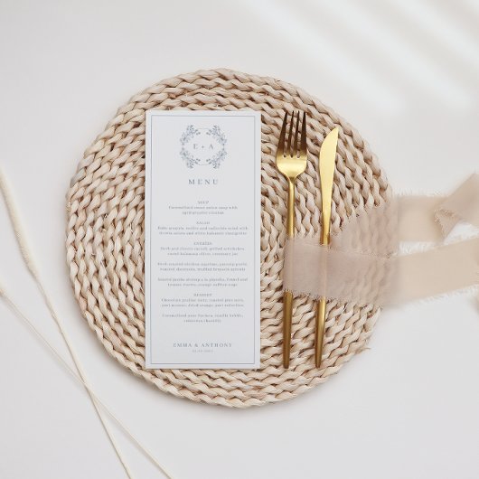 Formele  Dusty Blue Monogram bruiloft Menu