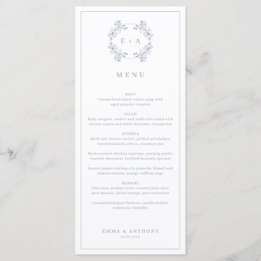 Formele Dusty Blue Monogram bruiloft Menu (Voorkant)