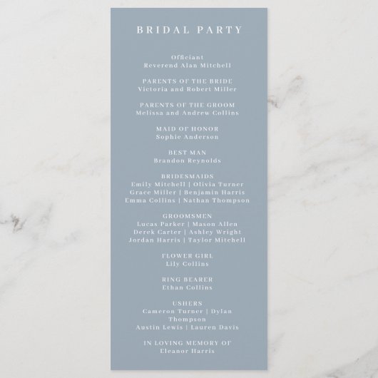 Formele  Dusty Blue Monogram bruiloft programma Programmakaart (Achterkant)