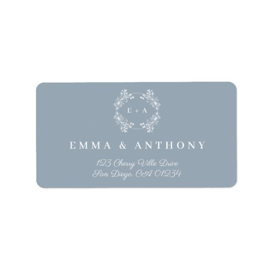 Formele  Dusty Blue Monogram Bruiloft Script Etiket (Voorkant)