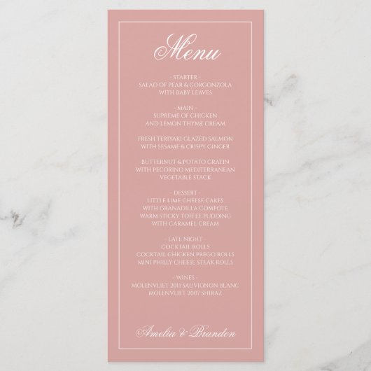 Formele Dusty Rose & Witte Rand Script Bruiloft Menu (Voorkant)