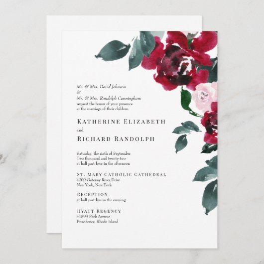 Formele Elegan Red Rose Bloemen Bruiloft Kaart (Voorkant / Achterkant)