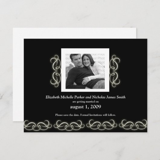 Formele Elegante Bloemen Bewaar de Datum Zwart Wit Aankondigingskaart (Voorkant / Achterkant)