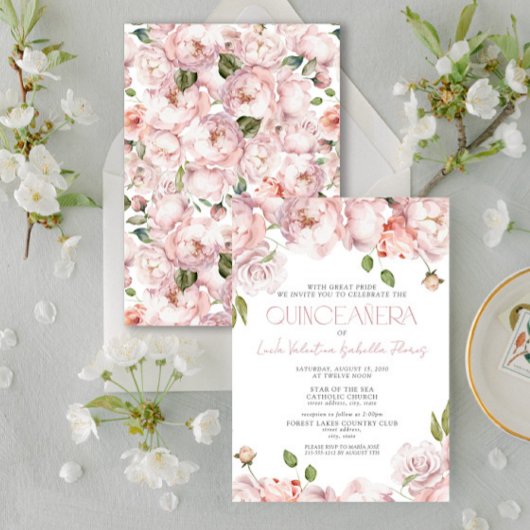 Formele Elegante Blush Roze Bloemen Quinceanera Kaart