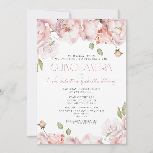 Formele Elegante Blush Roze Bloemen Quinceanera Kaart (Voorkant)