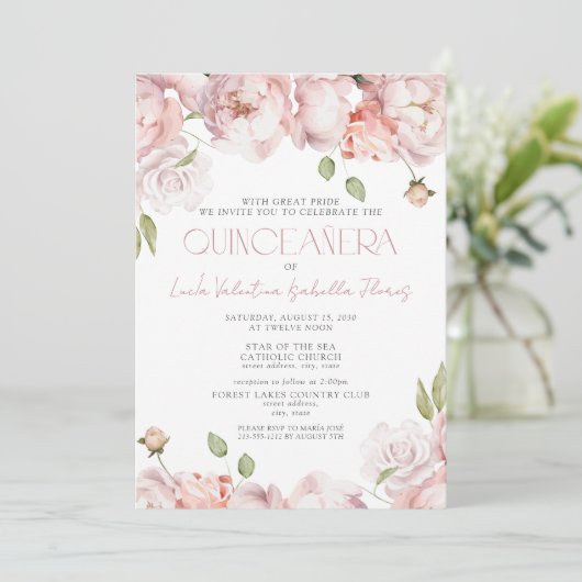 Formele Elegante Blush Roze Bloemen Quinceanera Kaart (Staand voorkant)