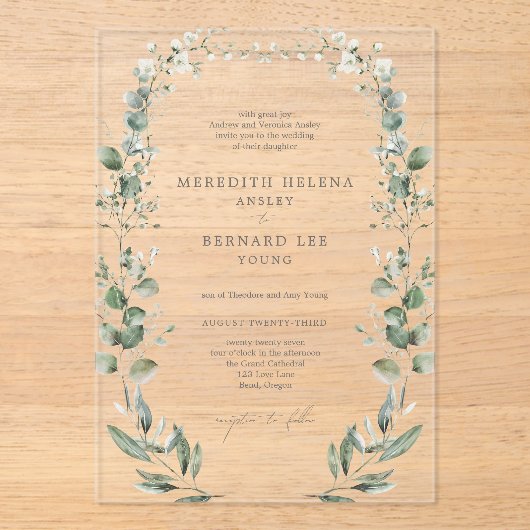 Formele Elegante Botanische Huwelijk Acryl Uitnodigingen (Voorkant)