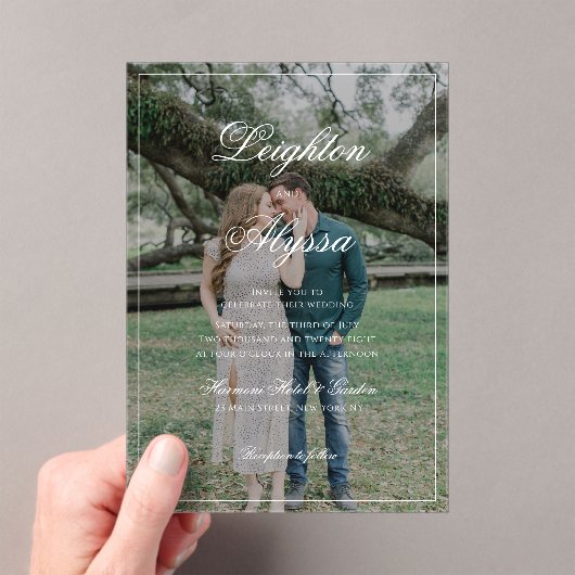 Formele Elegante Kalligrafie Foto Overlay bruiloft Acryl Uitnodigingen (Insitu (Draagbaar))