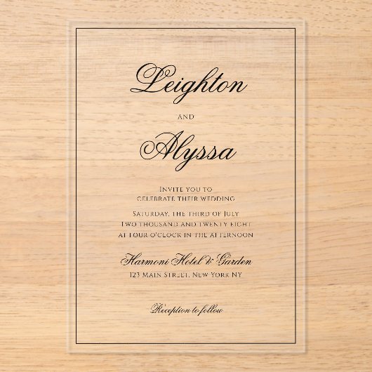 Formele Elegante Kalligrafie Heldere Overlay Bruil Acryl Uitnodigingen (Voorkant)