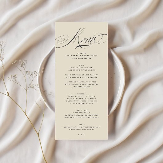 Formele Elegante Kalligrafie Houtskool Beige Weddi Menu