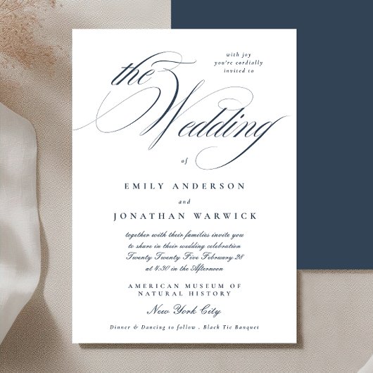 Formele elegante kalligrafie Navy Blue De bruiloft Kaart