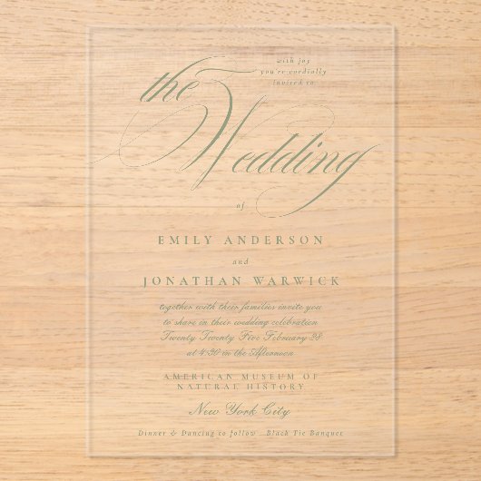 Formele Elegante Kalligrafie Sage Groen De Bruilof Acryl Uitnodigingen (Voorkant)