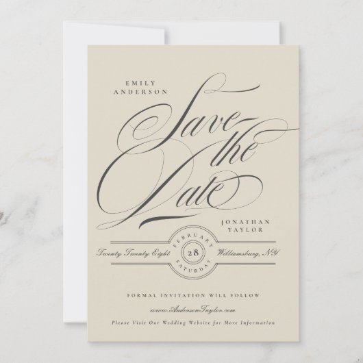 Formele Elegante Kalligrafie Trouwwebsite Foto Save The Date (Voorkant)