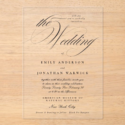 Formele Elegante Kalligrafie Tuxedo De Bruiloft Acryl Uitnodigingen (Voorkant)