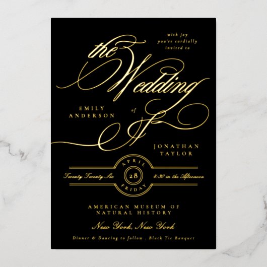 Formele Elegante Kalligrafie Zwart Stropdas Bruilo Folie Uitnodiging (Voorkant)