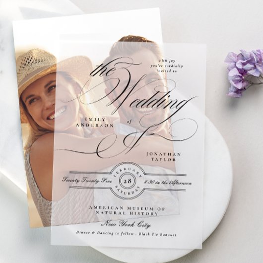 Formele Elegante Kalligrafie Zwart Stropdas Bruilo Vellum Uitnodigingen