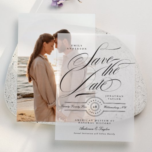 Formele Elegante Kalligrafie Zwart Stropdas Save T Vellum Uitnodigingen