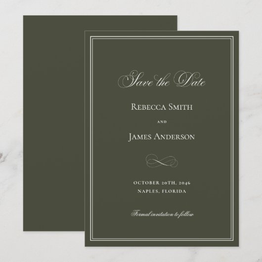 Formele Elegante Klassieke Donkergroene Bruiloft Save The Date (Voorkant / Achterkant)