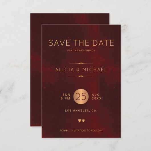 Formele elegante luxe bordeaux gouden bruiloft save the date (Voorkant / Achterkant)