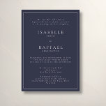 Formele Elegante Marine Blauw Meerdere Locatie Bru Kaart<br><div class="desc">Formele en elegante huwelijksuitnodiging met genoeg ruimte voor twee trouwlocaties of ontvangstlocaties,  stijlvolle gedempte marineblauwe achtergrond en elegante typografie.</div>